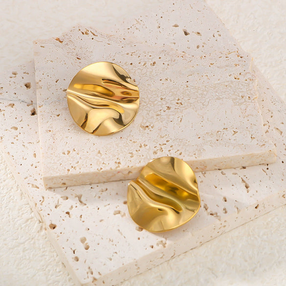 Wholesale Round Lotus Leaf Pleated Stainless Steel Earrings With 18K Vacuum Plated Furnace Treatment For Women