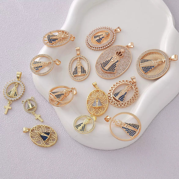 Wholesale Round Religious Pendant Copper 18K Gold Plated Vintage Charm Necklace For Women