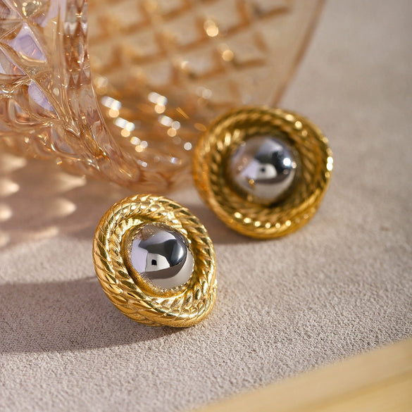 Wholesale Round Thread Texture Double Color Stainless Steel Braided Earrings With Electroplating For Women