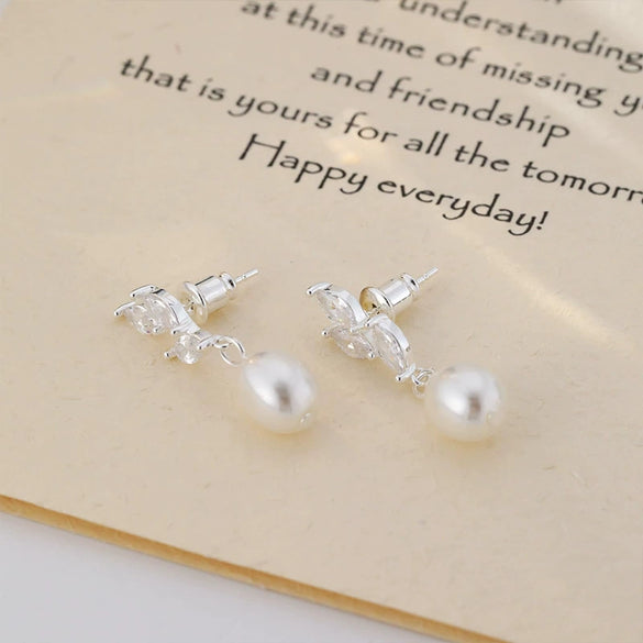 Wholesale S225 Imitation Pearl Leaf Geometric Style Electroplated Inlaid Zircon Earrings For Women