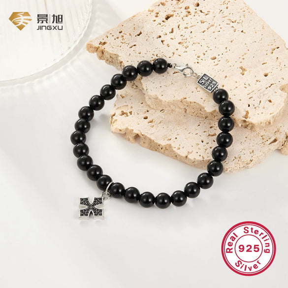 Wholesale S925 Silver Bracelet With Natural Black Onyx And Agate Round Pattern Hand Woven Vintage Retro Unisex Couple Bracelet