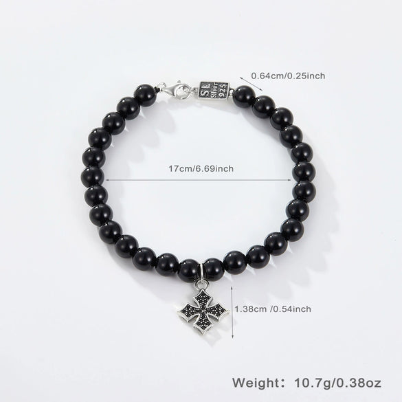 Wholesale S925 Silver Bracelet With Natural Black Onyx And Agate Round Pattern Hand Woven Vintage Retro Unisex Couple Bracelet
