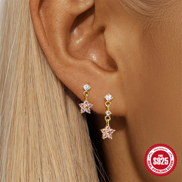 Wholesale S925 Silver Butterfly Tassel Fivepetal Flower Earrings Set With Diamonds Geometric Pattern Fashion Style