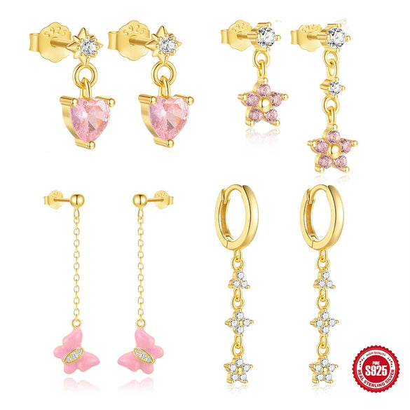 Wholesale S925 Silver Butterfly Tassel Fivepetal Flower Earrings Set With Diamonds Geometric Pattern Fashion Style