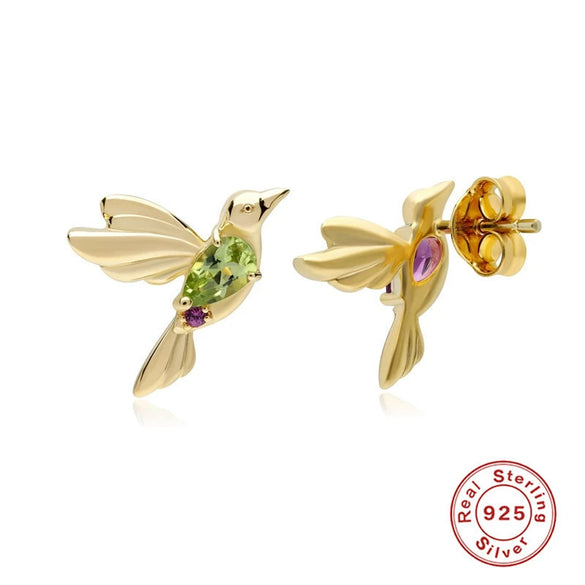 Wholesale S925 Silver Cute Hummingbird Branch Sunshine Earrings With Diamondstudded And Electroplating