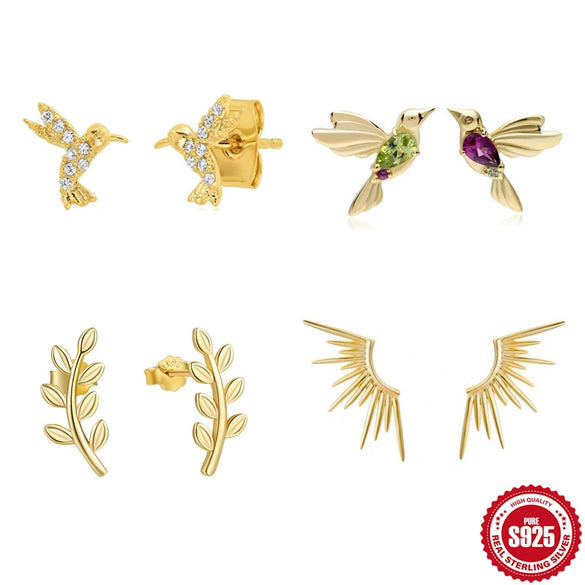Wholesale S925 Silver Cute Hummingbird Branch Sunshine Earrings With Diamondstudded And Electroplating