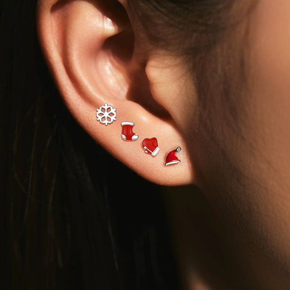 Wholesale S925 Silver Cute Mini Christmas Hat Snowflake Earrings With Diamond For Women