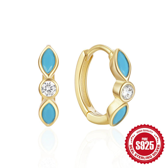 Wholesale S925 Silver Earrings With Geometric Design And Inlaid Zircon Fashionable Glossy Doublepiece Devil's Eye Turquoise Earrings For Women