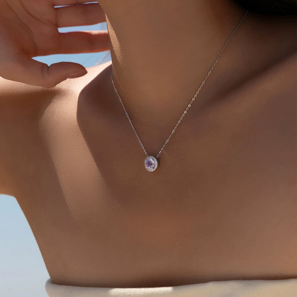 Wholesale S925 Silver Flower Shaped Imitation Diamond Necklace With Electroplating For Women Lavender Purple Rose Cut Light Luxury Style