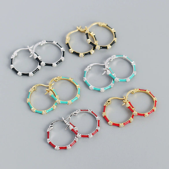 Wholesale S925 Silver Geometric Bamboo Diamond Enamel Dripping Oil Ear Buckle Earrings