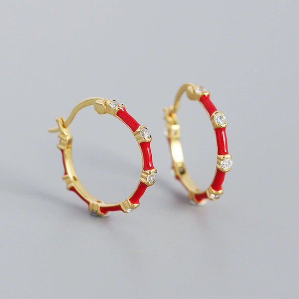 Wholesale S925 Silver Geometric Bamboo Diamond Enamel Dripping Oil Ear Buckle Earrings