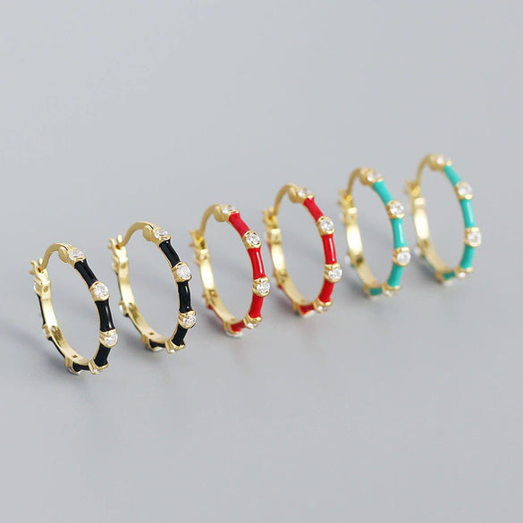 Wholesale S925 Silver Geometric Bamboo Diamond Enamel Dripping Oil Ear Buckle Earrings