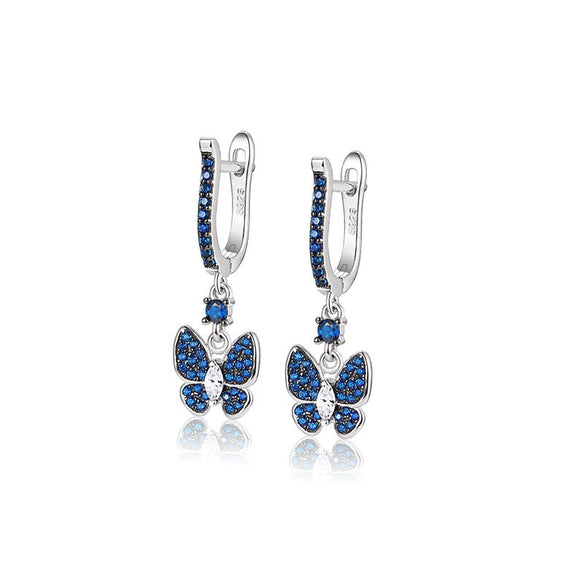 Wholesale S925 Silver Jewelry Set With Retro Elegant Blue Butterfly Pattern Inlaid With Zircon Stud Earrings Ring And Necklace For Women