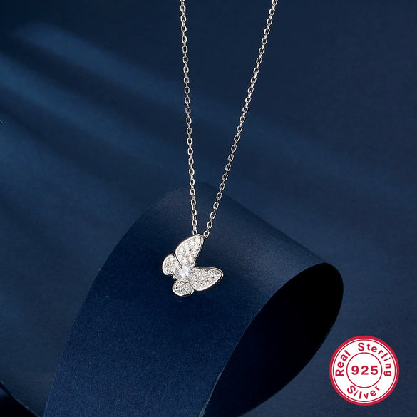 Wholesale S925 Silver Jewelry Set With Retro Elegant Blue Butterfly Pattern Inlaid With Zircon Stud Earrings Ring And Necklace For Women