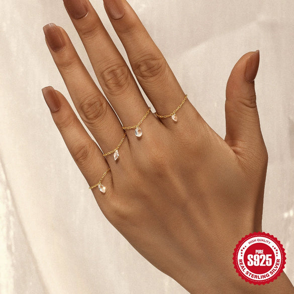 Wholesale S925 Silver Light Luxury Inlaid Zircon Opening Ring With Adjustable Chain Electroplated Geometric Style For Women