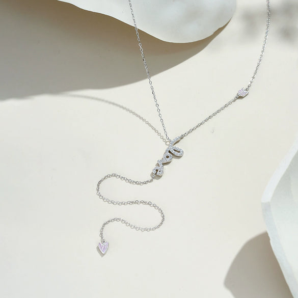 Wholesale S925 Silver Love Long Tassel Necklace With English Letter Geometric Pattern Electroplated With Platinum Or 18K Gold