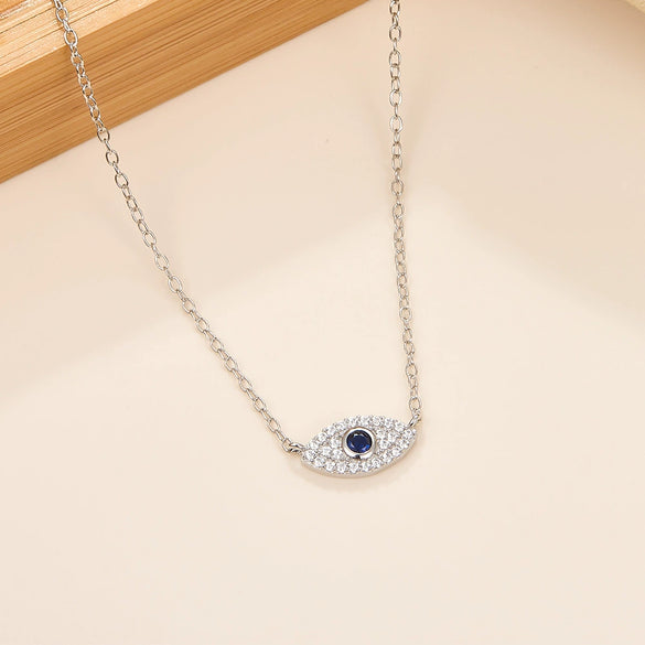 Wholesale S925 Silver Necklace With Devil's Eye Blue Eyes Design Simple Collarbone Chain Light Luxury Zircon Inlay Geometric Pattern