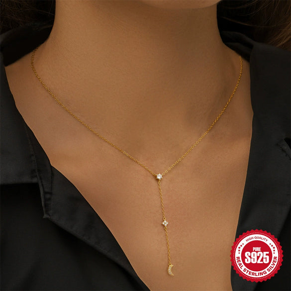 Wholesale S925 Silver Pearl Y Shaped Pendant Necklace With Star Moon Design O Chain Electroplated Geometric Style For Women