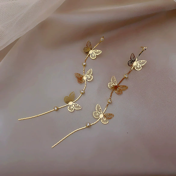 Wholesale S925 Silver Rhinestone Geometric Butterfly Super Long Tassel Earrings For Women