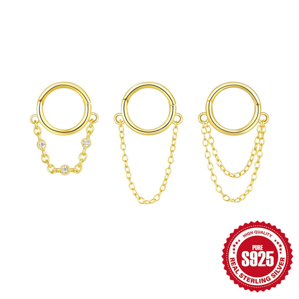 Wholesale S925 Silver Simple Tassel Seamless Circle Piercing Earrings With Electroplating And Alloy Inlaid Artificial Gem Or Semi Precious Stone In Trendy Fashion Style