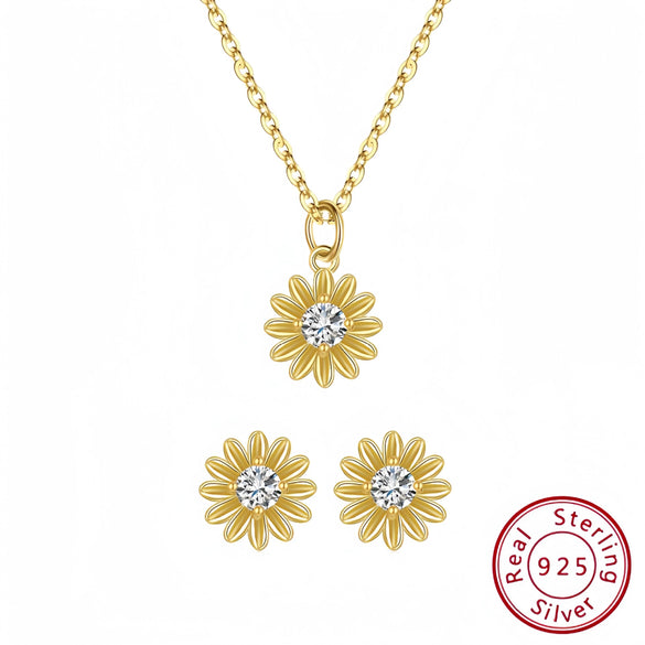 Wholesale S925 Silver Sunflower Geometric Jewelry Set For Women With Light Luxury Temperament Necklace And Earrings With Clavicle Chain