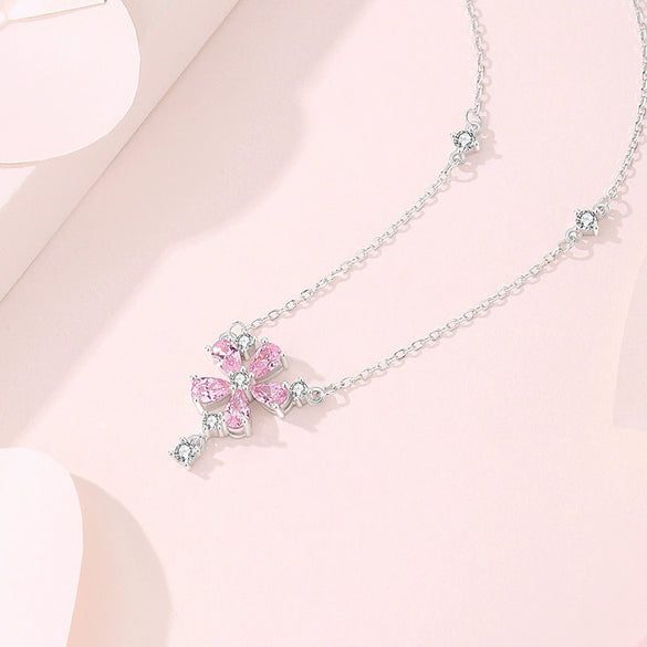 Wholesale S925 Silver Tassel Peach Blossom Geometric Natural Style Diamond Inlaid Necklace For Women
