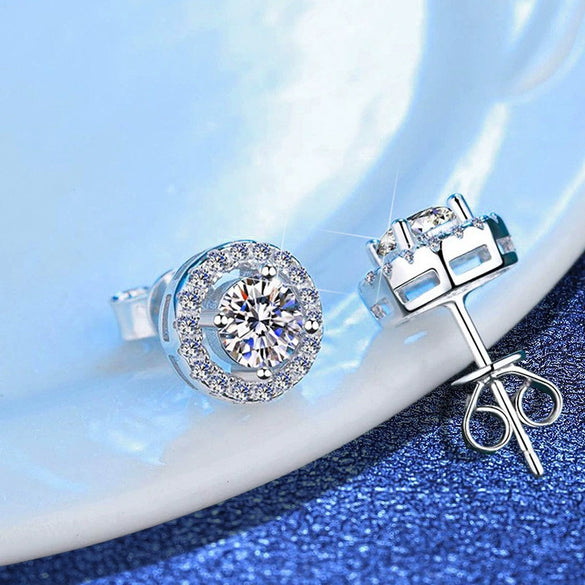 Wholesale S925 Silver Women's Classic Simple Round Bag Moissanite Earrings With Crown Pattern And Electroplating Treatment