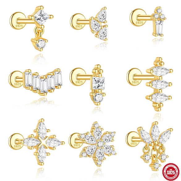 Wholesale S925 Silver Women's Simple All Match Horse Eye Zircon Tassel Flat Head Cartilage Spiral Puncture Earrings With Flower Pattern And Electroplating