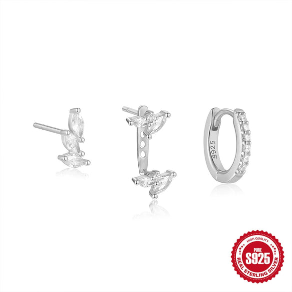 Wholesale S925 Silver Women's Threepiece Set Earrings With Horse Eye Zircon And Leaf Design Electroplated Geometric Style