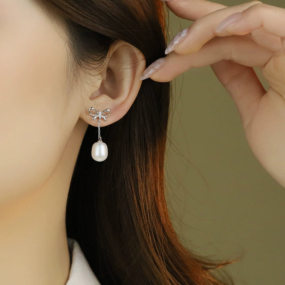 Wholesale S925 Sterling Silver And Freshwater Pearl Bow Handmade Earrings For Women