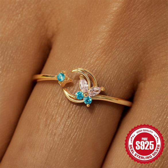 Wholesale S925 Sterling Silver Bow Moon Colored Diamond Open Ring For Women With Geometric Design And Electroplating