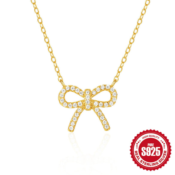 Wholesale S925 Sterling Silver Bow Necklace With Dense Nail Diamond Encrustment And Geometric Pattern For Women Electroplated