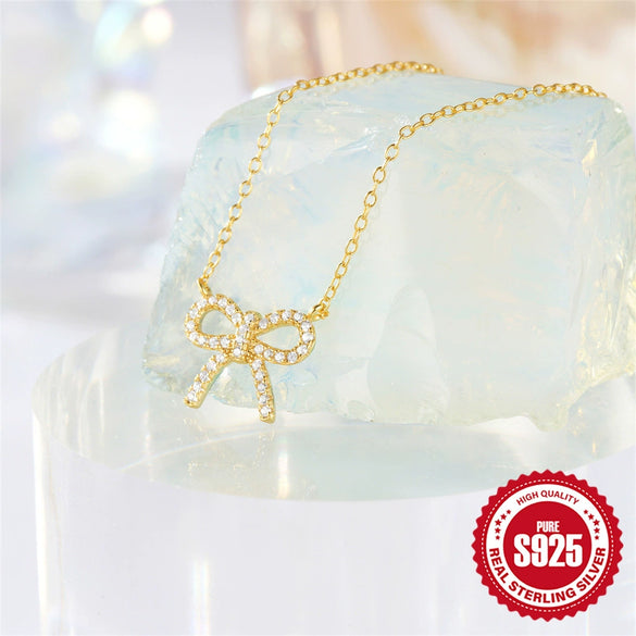 Wholesale S925 Sterling Silver Bow Necklace With Dense Nail Diamond Encrustment And Geometric Pattern For Women Electroplated