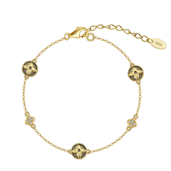 Wholesale S925 Sterling Silver Bracelet Geometric Four Leaf Clover Design 14K Gold Plated Inlaid With Zirconium