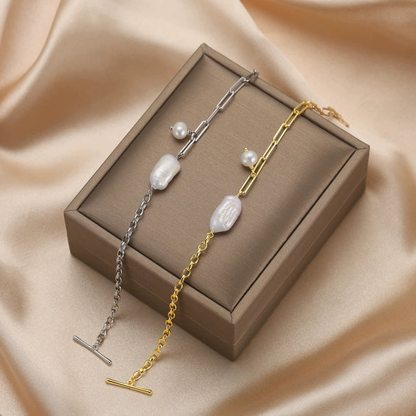 Wholesale S925 Sterling Silver Bracelet With Ot Buckle Splicing Chain And Natural Baroque Pearl Handmade Electroplated Internet Celebrity Minimalist Style For Women