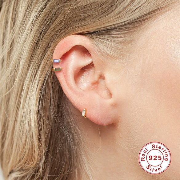 Wholesale S925 Sterling Silver Cartilage Earring With Square Diamond Ear Buckle And Single Diamond Simple Geometric Style Electroplated