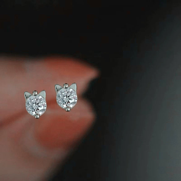 Wholesale S925 Sterling Silver Cat Cartoon Style Earrings Set With Diamonds