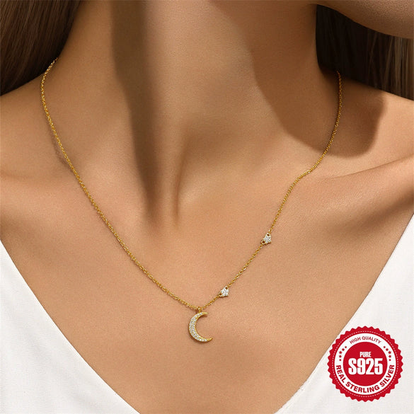 Wholesale S925 Sterling Silver Classic Geometric Moon And Fivepointed Star Clavicle Chain With Electroplating For Women