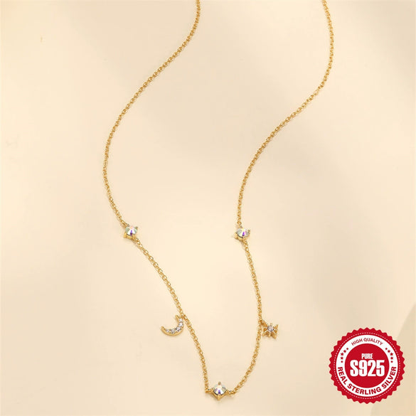 Wholesale S925 Sterling Silver Classic Stacked Necklace With Star Moon Inlaid Colored Diamond And Geometric Pattern Electroplated For Women