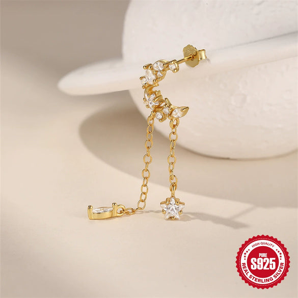 Wholesale S925 Sterling Silver Classic Star And Moon Tassel Geometric Earrings For Women With Electroplating