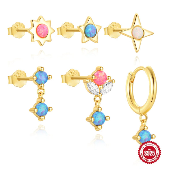Wholesale S925 Sterling Silver Colorful Opal Flowers Round Horse Eye Zircon Geometric Threepiece Earrings For Women Set With Gemstones