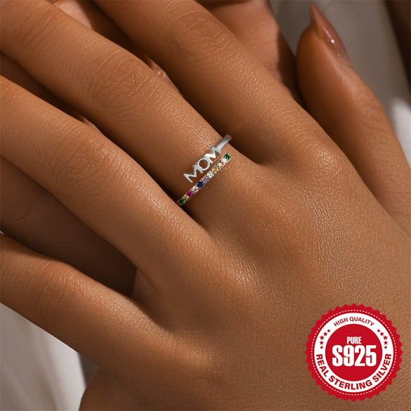 Wholesale S925 Sterling Silver Colorful Zircon Mama Letter Geometric Ring For Women With Zirconia Design