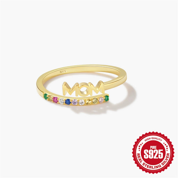 Wholesale S925 Sterling Silver Colorful Zircon Mama Letter Geometric Ring For Women With Zirconia Design