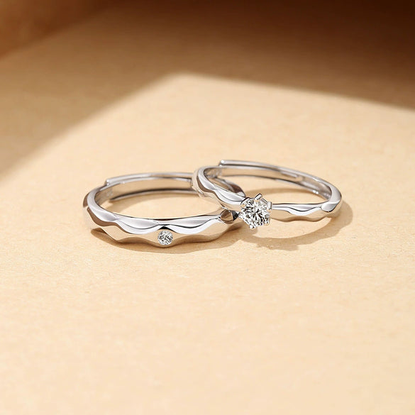 Wholesale S925 Sterling Silver Couple Ring With Wave And Rhombus Pattern Diamond Design Light Luxury Style