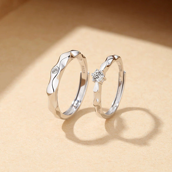 Wholesale S925 Sterling Silver Couple Ring With Wave And Rhombus Pattern Diamond Design Light Luxury Style