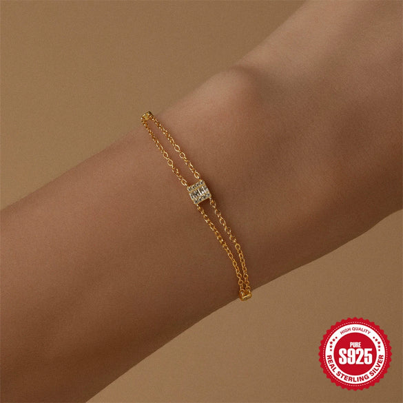 Wholesale S925 Sterling Silver Creative Stacked Double Diamond All Match Women's Bracelet With Geometric Pattern And Real Gold Electroplating
