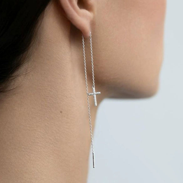 Wholesale S925 Sterling Silver Cross Ear Wire Micropaved Zircon Geometric Long Earrings For Women