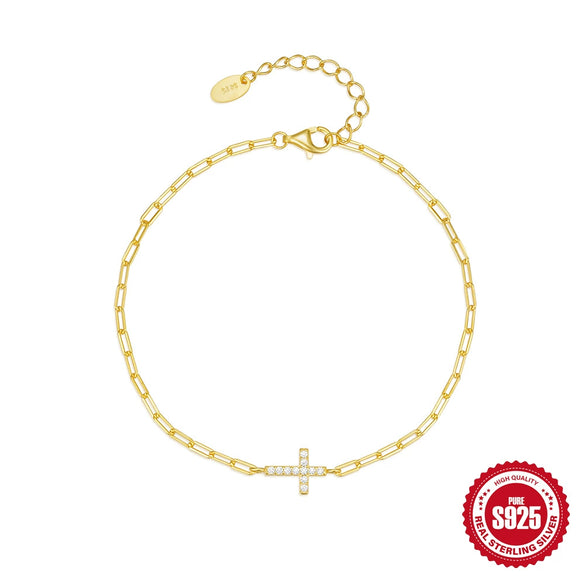 Wholesale S925 Sterling Silver Cross Pclip Zircon Bracelet With Electroplating And Real Gold Plating Simple Design