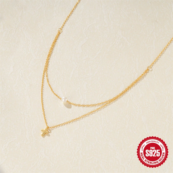 Wholesale S925 Sterling Silver Cross Pendant Pearl Clavicle Chain With Geometric Pattern And Electroplating Design Women's Multilayer Doublelayer Ochain Necklace