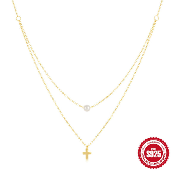 Wholesale S925 Sterling Silver Cross Pendant Pearl Clavicle Chain With Geometric Pattern And Electroplating Design Women's Multilayer Doublelayer Ochain Necklace